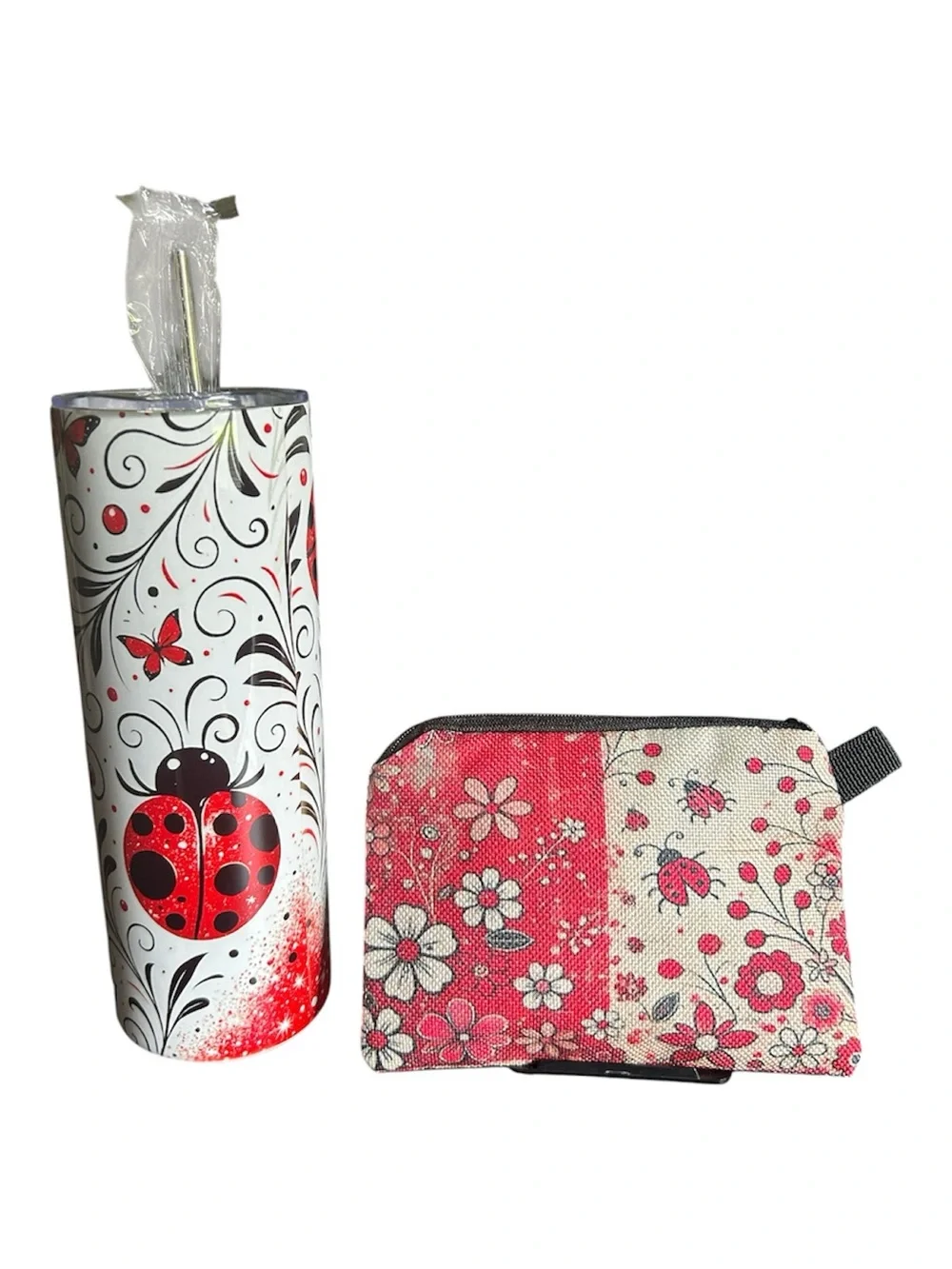 Ladybug Pattern Stainless Steel Tumbler with Straw & a Vintage Ladybug pouch,